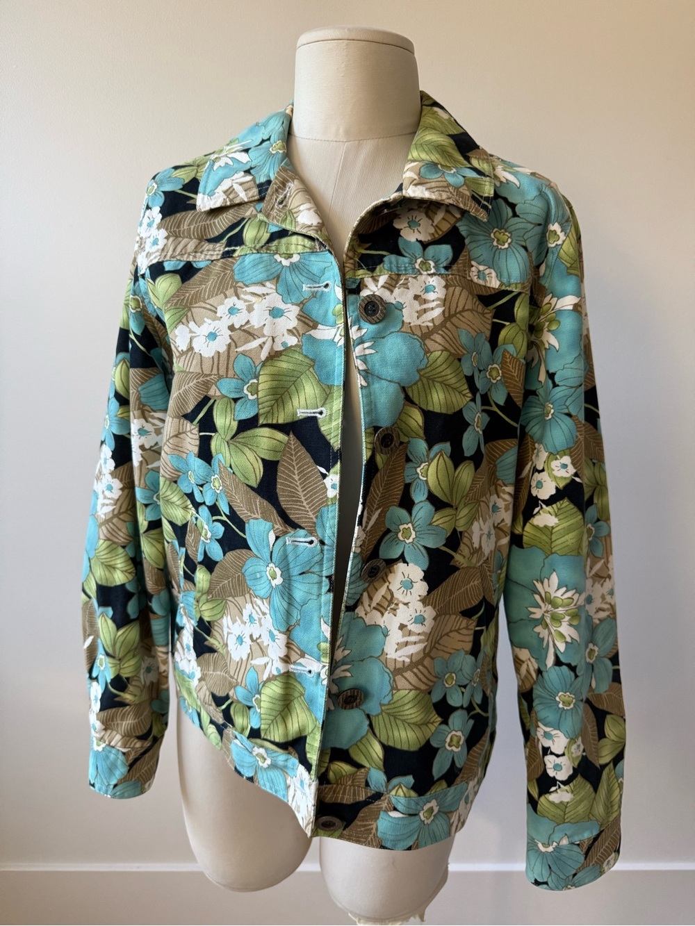 Appleseed's Aqua, Black & Tan Floral Jean Jacket